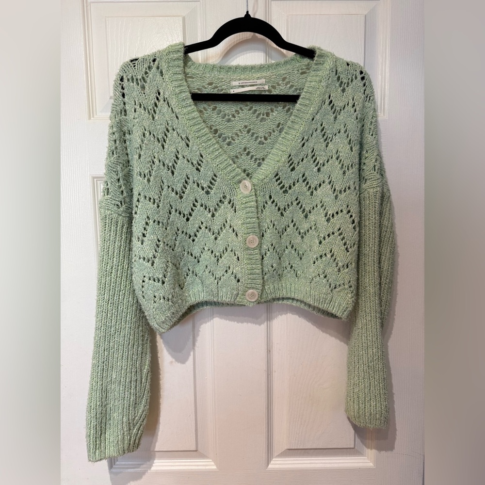 Mint light Green Anthropologie Cardigan three button lace knit Sweater